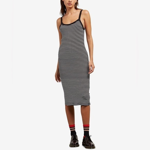 🏷️ 4/$25 Volcom Rave New World Striped Soft Ribbed Tank Midi Dress - Picture 1 of 6